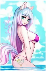 Size: 1588x2454 | Tagged: suggestive, artist:therocknrollmartian, derpibooru import, oc, unofficial characters only, anthro, unguligrade anthro, ass, big breasts, bikini, breasts, butt, clothes, cute, eyebrows, eyebrows visible through hair, female, image, jpeg, looking at you, open mouth, open smile, partially submerged, pinup, pose, sexy, smiling, solo, solo female, standing in water, swimsuit, tail, water, wet