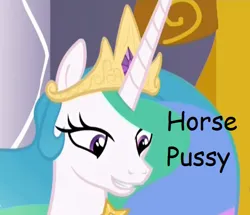 Size: 472x405 | Tagged: suggestive, derpibooru import, screencap, princess celestia, alicorn, make new friends but keep discord, horse pussy, image, jewelry, meta, png, solo, text, tiara