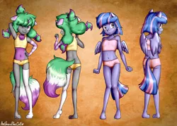 Size: 3500x2500 | Tagged: suggestive, artist:anibaruthecat, banned from derpibooru, wind sprint, oc, anthro, pegasus, unguligrade anthro, unicorn, abstract background, boyshorts, butt, camisole, child, clothes, commission, disguise, disguised changeling, duo, duo female, female, front and back, front view, hoof feet, image, lolicon, looking back, mismatched socks, panties, png, rear view, shirt, socks, tanktop, underage, underwear