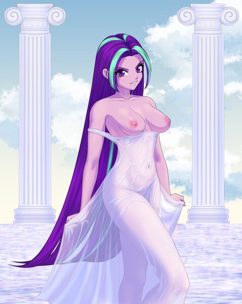 Size: 1633x2048 | Tagged: questionable, alternate version, artist:rileyav, derpibooru import, aria blaze, human, equestria girls, belly button, breasts, busty aria blaze, clothes, commission, dress, exposed breasts, female, image, jpeg, looking at you, nipples, nudity, partial nudity, partial nudity version, reasonably sized breasts, see-through, smiling, smiling at you, solo, solo female, wet, wet clothes
