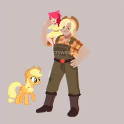Size: 894x894 | Tagged: safe, artist:cryweas, derpibooru import, apple bloom, applejack, human, apple sisters, clothes, dress, female, gray background, humanized, image, jpeg, reference used, siblings, simple background, sisters
