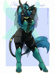 Size: 1620x2160 | Tagged: suggestive, artist:ambris, derpibooru import, queen chrysalis, anthro, changeling, changeling queen, plantigrade anthro, adventuring is magic, arm behind head, armpits, bedroom eyes, boots, breasts, busty queen chrysalis, clothes, corset, eye clipping through hair, female, grin, high heel boots, image, jpeg, leonine tail, passepartout, shoes, simple background, smiling, solo, solo female, tail, torn clothes, white background, wide hips