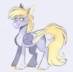 Size: 1039x1017 | Tagged: safe, artist:wanderingpegasus, derpibooru import, derpy hooves, pegasus, pony, alternate design, alternate hairstyle, chest fluff, coat markings, colored hooves, colored wings, female, freckles, image, jpeg, mare, markings, multicolored wings, simple background, smiling, solo, twitterina design, unshorn fetlocks, wing ears, wings