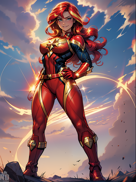 Size: 1536x2048 | Tagged: safe, artist:neondash, derpibooru import, machine learning generated, sunset shimmer, human, ai content, captain marvel (marvel), generator:seaart.ai, humanized, image, marvel, png, prompter:neondash, sky, solo, supergirl