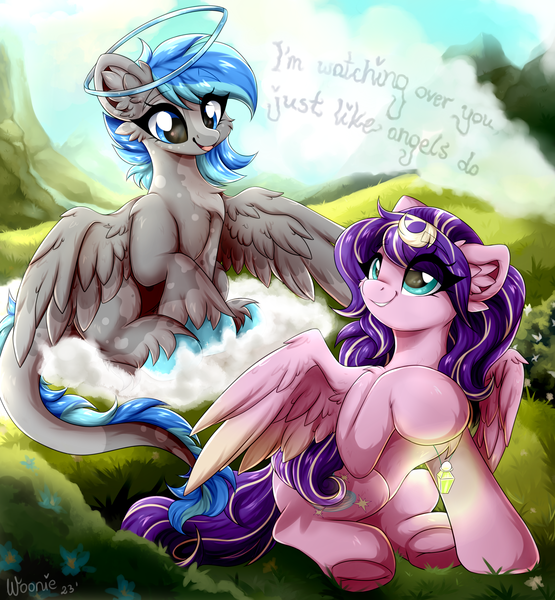 Size: 2888x3120 | Tagged: safe, artist:woonborg, derpibooru import, oc, oc:liviana, oc:star silk, fluffy pony, pegasus, pony, anniversary, anniversary art, chest fluff, cloud, ear fluff, friends, halo, image, jewelry, long tail, nature, necklace, on a cloud, png, sitting, sitting on cloud, tail, unshorn fetlocks