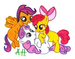 Size: 900x714 | Tagged: safe, artist:strongpony, derpibooru import, apple bloom, scootaloo, sweetie belle, 2012, commission, cutie mark crusaders, female, image, jpeg, missing ear, simple background, tickling, trio, trio female, white background