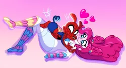 Size: 2048x1110 | Tagged: safe, artist:carouselunique, derpibooru import, pinkie pie, human, equestria girls, crack shipping, crossover, crossover shipping, duo, female, gradient background, grin, happy, heart, hug, image, interspecies, jpeg, male, marvel, shipping, size difference, smiling, spider-ham, spider-man, spider-sona, superhero