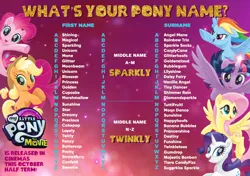 Size: 1024x720 | Tagged: safe, derpibooru import, applejack, fluttershy, pinkie pie, rainbow dash, rarity, twilight sparkle, my little pony: the movie, image, mane six, name game, png