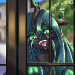 Size: 2000x2000 | Tagged: safe, artist:mdwines, derpibooru import, queen chrysalis, changeling, changeling queen, big eyes, bust, cute, dude let me in, fanart, female, feral, funny, funny face, hooves, image, licking, open mouth, png, portrait, raised hoof, solo, text, tongue out, window