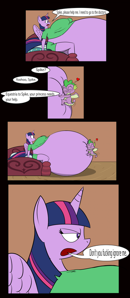 Size: 1271x2898 | Tagged: questionable, artist:notanotherinflationartist, derpibooru import, spike, twilight sparkle, twilight sparkle (alicorn), alicorn, anthro, dragon, pony, unicorn, bed, belly, belly hug, big belly, big breasts, breasts, busty twilight sparkle, clothes, comic, female, happy, heart, hug, huge belly, hyper, hyper belly, hyper pregnancy, image, impossibly large belly, mare, png, preglight sparkle, pregnant, shirt, shorts, smiling, vulgar, winged spike, wings