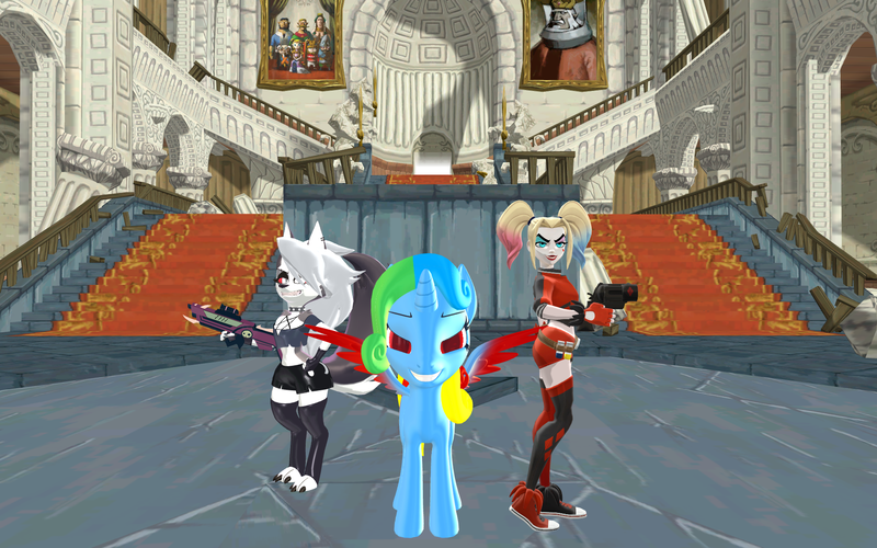 Size: 1920x1200 | Tagged: safe, artist:puzzlshield2, derpibooru import, oc, oc:puzzle shield, alicorn, hellhound, pony, 3d, alicorn oc, crossover, dc comics, gun, harley quinn, helluva boss, horn, image, loona (helluva boss), mmd, multiversus, png, rifle, the legend of zelda, trio, weapon, wings