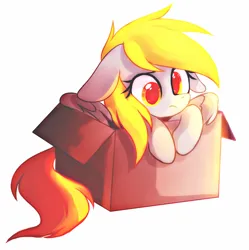 Size: 1894x1900 | Tagged: safe, artist:mirtash, edit, derpy hooves, pegasus, pony, box, chromatic aberration removal, female, floppy ears, image, mare, png, pony in a box, rcf community, simple background, solo