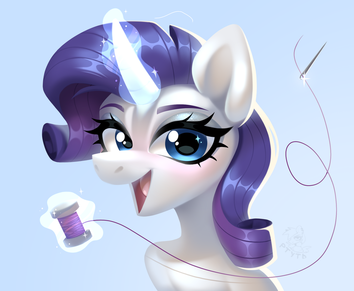 Size: 1976x1621 | Tagged: safe, artist:rtootb, derpibooru import, rarity, pony, unicorn, :3, beautiful, big ears, big eyes, blue background, blue eyes, blushing, cute, eyelashes, eyeshadow, fanart, female, g4, image, looking at you, magic, makeup, mare, open mouth, png, shading, simple background, solo, telekinesis