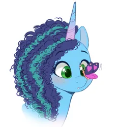 Size: 842x883 | Tagged: safe, artist:higgly-chan, derpibooru import, butterfly, insect, pony, unicorn, g5, blushing, bust, butterfly on nose, cute, female, freckles, image, insect on nose, mare, misty brightdawn, mistybetes, open mouth, png, portrait, simple background, solo, white background