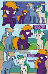 Size: 1920x2948 | Tagged: safe, artist:alexdti, derpibooru import, oc, oc:brainstorm (alexdti), oc:purple creativity, oc:star logic, unofficial characters only, pegasus, pony, unicorn, comic:quest for friendship retold, image, jpeg, size difference