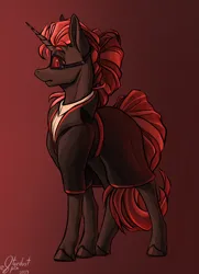 Size: 2600x3600 | Tagged: safe, artist:stardustspix, derpibooru import, oc, oc:protege, unofficial characters only, pony, unicorn, fallout equestria, fallout equestria: murky number seven, black coat, clothes, colored eyebrows, colored eyelashes, colored pupils, fanfic art, gradient background, high res, image, png, red eyes, red mane, solo, sternocleidomastoid