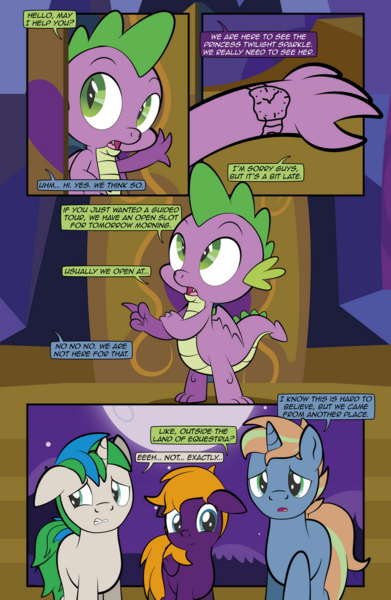 Size: 828x1271 | Tagged: safe, artist:alexdti, derpibooru import, spike, oc, oc:brainstorm (alexdti), oc:purple creativity, oc:star logic, dragon, pegasus, pony, unicorn, comic:quest for friendship retold, comic, female, folded wings, high res, hooves, horn, image, looking up, male, mare, open mouth, pegasus oc, png, raised hoof, raised leg, shadow, smiling, speech bubble, stallion, underhoof, unicorn oc, winged spike, wings