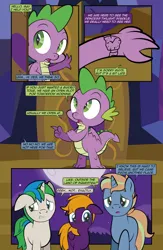 Size: 828x1271 | Tagged: safe, artist:alexdti, derpibooru import, spike, oc, oc:brainstorm (alexdti), oc:purple creativity, oc:star logic, dragon, pegasus, pony, unicorn, comic:quest for friendship retold, comic, female, folded wings, high res, hooves, horn, image, looking up, male, mare, open mouth, pegasus oc, png, raised hoof, raised leg, shadow, smiling, speech bubble, stallion, underhoof, unicorn oc, winged spike, wings