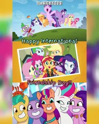Size: 1920x2400 | Tagged: safe, derpibooru import, edit, edited screencap, editor:itsmgh1203, screencap, applejack, fluttershy, hitch trailblazer, izzy moonbow, pinkie pie, pipp petals, rainbow dash, rarity, sci-twi, spike, spike the regular dog, starlight glimmer, sunny starscout, sunset shimmer, twilight sparkle, twilight sparkle (alicorn), zipp storm, alicorn, crab, dog, dragon, earth pony, pegasus, pony, unicorn, a home to share, equestria girls, equestria girls series, forgotten friendship, g5, my little pony: tell your tale, season 5, the cutie re-mark, spoiler:g5, spoiler:my little pony: tell your tale, spoiler:tyts01e01, ^^, applejack's hat, bowtie, canterlot high, clothes, cloud, cowboy hat, crystal brighthouse, cute, cutie mark, cutie mark on clothes, dashabetes, diapinkes, eyes closed, female, friendship day, geode of empathy, geode of fauna, geode of shielding, geode of telekinesis, glasses, glimmerbetes, grin, hat, humane five, humane seven, humane six, image, jackabetes, jewelry, jpeg, magical geodes, male, mane five, mane seven, mane six, mare, mcsnips-a-lot, necklace, one eye closed, open mouth, open smile, ponytail, raribetes, rarity peplum dress, royal sisters (g5), s5 starlight, shyabetes, siblings, sisters, sky, smiling, spikabetes, spread wings, stallion, text, twiabetes, wings, wink