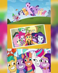 Size: 1920x2400 | Tagged: safe, alternate version, derpibooru import, edit, edited screencap, editor:itsmgh1203, screencap, applejack, fluttershy, hitch trailblazer, izzy moonbow, pinkie pie, pipp petals, rainbow dash, rarity, sci-twi, spike, spike the regular dog, starlight glimmer, sunny starscout, sunset shimmer, twilight sparkle, twilight sparkle (alicorn), zipp storm, alicorn, crab, dog, dragon, earth pony, pegasus, pony, unicorn, a home to share, equestria girls, equestria girls series, forgotten friendship, g5, my little pony: tell your tale, season 5, the cutie re-mark, spoiler:g5, spoiler:my little pony: tell your tale, spoiler:tyts01e01, ^^, applejack's hat, bowtie, canterlot high, clothes, cloud, cowboy hat, crystal brighthouse, cute, cutie mark, cutie mark on clothes, dashabetes, diapinkes, eyes closed, female, friendship day, geode of empathy, geode of fauna, geode of shielding, geode of telekinesis, glasses, glimmerbetes, grin, hat, humane five, humane seven, humane six, image, jackabetes, jewelry, jpeg, magical geodes, male, mane five, mane seven, mane six, mare, mcsnips-a-lot, necklace, one eye closed, open mouth, open smile, ponytail, raribetes, rarity peplum dress, royal sisters (g5), s5 starlight, shyabetes, siblings, sisters, sky, smiling, spikabetes, spread wings, stallion, twiabetes, wings, wink