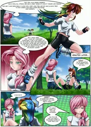 Size: 2560x3556 | Tagged: safe, artist:mauroz, derpibooru import, fluttershy, rainbow dash, sunny skies, human, comic:confessions, best friends, black shorts, blue pants, blue sky, blushing, breasts, clothes, comic, complex background, crushing, day dreaming, delicious flat chest, duo, duo female, eye, eyebrows, eyebrows visible through hair, eyelashes, eyes, eyes closed, face, female, females only, fingerless gloves, fingers, gloves, grass, hand, high res, image, imminent sex, jpeg, knees, leaning back, legs, light blue eyes, long hair, looking down, mouth, multicolored hair, neck, open mouth, outdoors, pink hair, ponytail, purple eyes, rainbow hair, running, sad, shirt, shoes, shorts, shoulders, sitting, socks, speech bubble, sports, sports pants, sports shorts, talk to each other, talking to herself, text, thighs, thinking, tight fit, tired, tree, white shirt, white socks, worried