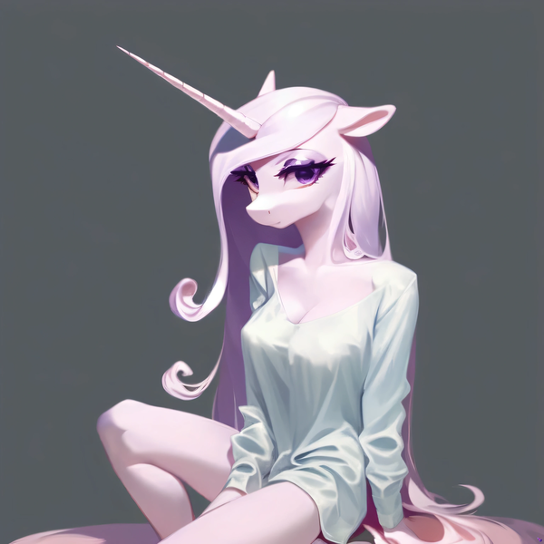 Size: 3072x3072 | Tagged: questionable, derpibooru import, machine learning generated, stable diffusion, fleur-de-lis, anthro, unicorn, adorasexy, ai content, breasts, cute, female, generator:pony diffusion v5, generator:purplesmart.ai, horn, image, long horn, loose shirt, morning, png, sexy, solo, tired, tired eyes