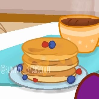 Size: 329x329 | Tagged: safe, artist:sunny._starscout, derpibooru import, sunny starscout, g5, blueberry, breakfast, coffee, colored hooves, food, image, jpeg, maple syrup, mug, pancakes, plate, raspberry (food), signature, solo