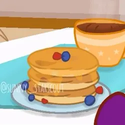Size: 329x329 | Tagged: safe, artist:sunny._starscout, derpibooru import, sunny starscout, g5, blueberry, breakfast, coffee, colored hooves, food, image, jpeg, maple syrup, mug, pancakes, plate, raspberry (food), signature, solo