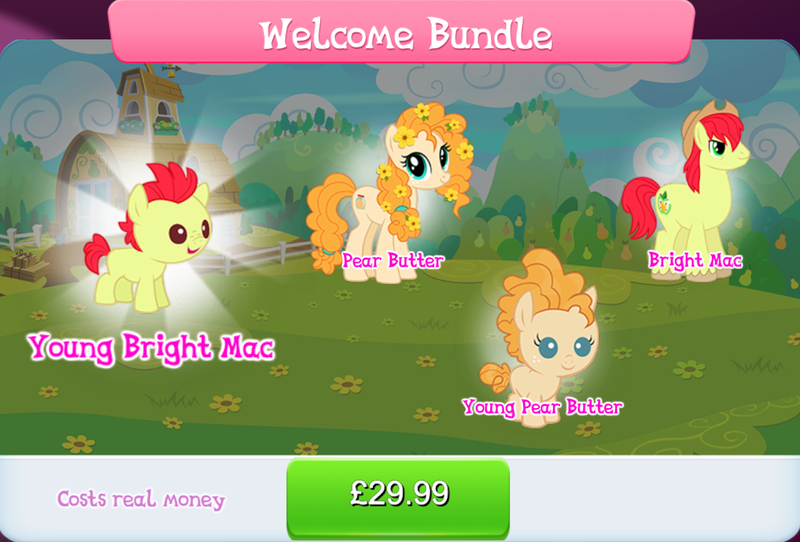 Size: 1267x858 | Tagged: safe, derpibooru import, official, bright mac, pear butter, earth pony, pony, bundle, collection, colt, costs real money, cowboy hat, english, female, filly, flower, flower in hair, foal, gameloft, group, hat, image, jpeg, male, mare, mobile game, my little pony: magic princess, numbers, stallion, text, younger