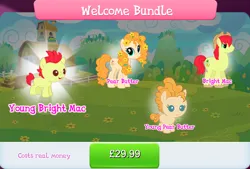 Size: 1267x858 | Tagged: safe, derpibooru import, official, bright mac, pear butter, earth pony, pony, bundle, collection, colt, costs real money, cowboy hat, english, female, filly, flower, flower in hair, foal, gameloft, group, hat, image, jpeg, male, mare, mobile game, my little pony: magic princess, numbers, stallion, text, younger