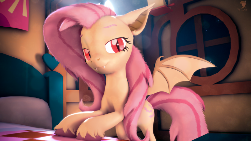 Size: 3840x2160 | Tagged: safe, artist:silkworm205, derpibooru import, fluttershy, bat pony, pony, 3d, 3d model, alternate hairstyle, bat ears, bat ponified, bat wings, bed, bedroom eyes, colored eyebrows, download at source, downloadable, fangs, floppy ears, flutterbat, image, looking at you, png, race swap, red pupils, revamped ponies, solo, source filmmaker, source filmmaker resource, spread wings, unshorn fetlocks, wings