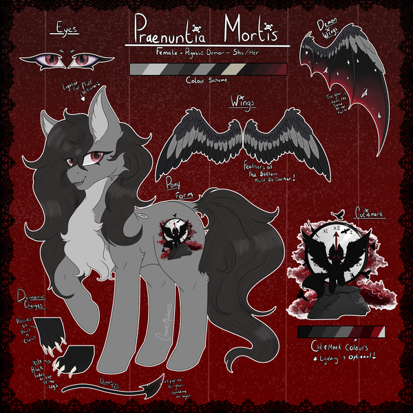 Size: 3250x3250 | Tagged: safe, artist:cresentmadness, derpibooru import, oc, oc:praenuntia mortis, unofficial characters only, demon, demon pony, original species, pegasus, claws, colored wings, cutie mark, demon wings, devil tail, image, looking at you, multicolored wings, png, pronouns, reference sheet, tail, the harbinger of death, torn wings, wings