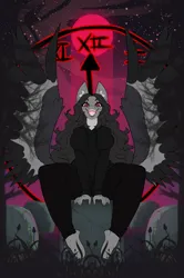 Size: 1461x2200 | Tagged: safe, artist:oddends, derpibooru import, oc, oc:praenuntia mortis, anthro, base used, blood moon, clothes, crazy eyes, female, gravestone, image, latin, moon, night, png, spread wings, the harbinger of death, wings