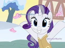 Size: 640x478 | Tagged: safe, artist:generrarity, artist:swet.sparkle, derpibooru import, rarity, butterfly, insect, pony, unicorn, season 1, the last problem, winter wrap up, eyeshadow, fake eyelashes, female, image, jpeg, makeup, mare, older, older rarity, show accurate, signature, snow, solo, winter wrap up vest