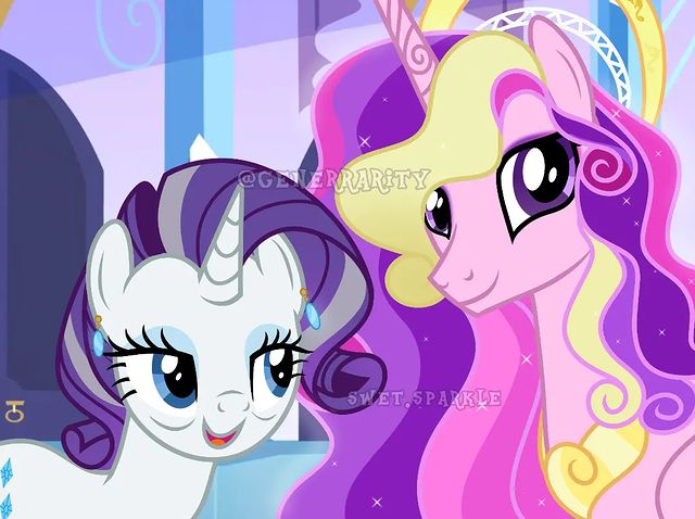 Size: 640x478 | Tagged: safe, artist:generrarity, artist:heart.of.empire, artist:swet.sparkle, derpibooru import, princess cadance, rarity, alicorn, pony, unicorn, the last problem, crown, crystal empire, duo, duo female, ear piercing, earring, ethereal mane, eyeshadow, fake eyelashes, female, image, jewelry, jpeg, makeup, mare, older, older princess cadance, older rarity, peytral, piercing, regalia, signature