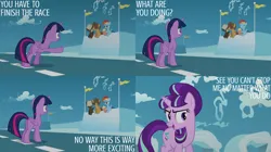 Size: 828x465 | Tagged: safe, derpibooru import, edit, edited screencap, editor:quoterific, screencap, dumbbell, hoops, rainbow dash, starlight glimmer, twilight sparkle, pony, the cutie re-mark, female, filly, filly rainbow dash, image, jpeg, younger