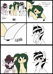 Size: 2000x2800 | Tagged: safe, artist:puppie, derpibooru import, oc, spider, comic, dialogue, eating, image, png, scared, simple background, white background