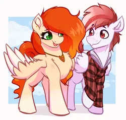 Size: 2528x2408 | Tagged: safe, artist:witchtaunter, derpibooru import, oc, oc:amity, pegasus, pony, chest fluff, clothes, commission, ear fluff, female, image, jacket, jewelry, looking at each other, looking at someone, male, mare, necklace, pegasus oc, plaid, png, simple background, smiling, smiling at each other, stallion, wings