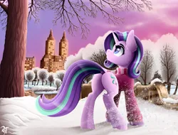 Size: 2900x2200 | Tagged: safe, artist:rainbowfire, derpibooru import, starlight glimmer, pony, unicorn, season 1, to where and back again, winter wrap up, beautiful views, bridge, city, cityscape, clothes, cloud, coat, complex background, cute, female, fine, forest, forest background, horn, image, jacket, jewelry, new york city, park, png, raised hoof, scarf, sky, snow, snowdrifts, snowfall, snowflake, solo, sunset, surprised, sweater, tree, winter, winter outfit