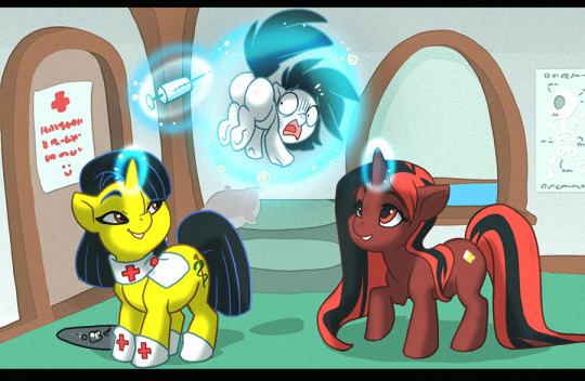 Size: 540x352 | Tagged: safe, artist:thegamercolt, derpibooru import, oc, oc:lyra, oc:thegamercolt, earth pony, pony, unicorn, asian pony, cutie mark, fear of needles, foal, foster mom, glow, glowing horn, horn, image, jpeg, long mane, long tail, magic bubble, nurse, nurse outfit, tail, this will end in tears, vaccination