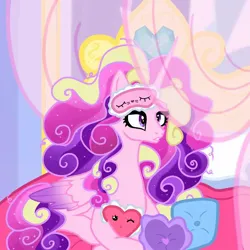 Size: 1080x1080 | Tagged: safe, artist:heart.of.empire, derpibooru import, princess cadance, alicorn, pony, bed, colored wings, cross-eyed, female, gradient wings, image, jpeg, mare, messy mane, older, older princess cadance, pillow, show accurate, sleep mask, solo, wings