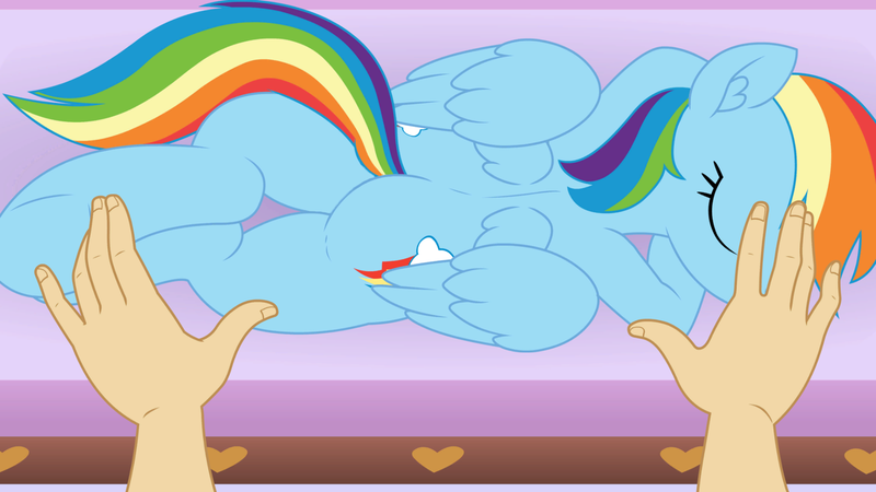 Size: 1920x1080 | Tagged: safe, artist:tiarawhy, derpibooru import, rainbow dash, human, pegasus, pony, butt, eyes closed, hand, human pov, image, lying down, png, pony waifu sim, prone, rainbutt dash