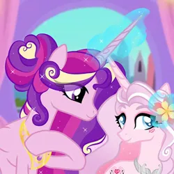 Size: 640x640 | Tagged: safe, artist:heart.of.empire, artist:love.of.empire, derpibooru import, princess cadance, oc, oc:aphrodite, alicorn, pony, unicorn, duo, duo female, ethereal mane, eye clipping through hair, eyeshadow, facial markings, female, flower, flower in hair, horn, image, jpeg, magic, makeup, mare, mother and child, mother and daughter, offspring, older, older princess cadance, parent:princess cadance, parent:shining armor, parents:shiningcadance, peytral, selfie, telekinesis, unicorn oc