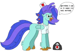 Size: 3124x2201 | Tagged: safe, artist:supahdonarudo, derpibooru import, oc, oc:sea lilly, unofficial characters only, classical hippogriff, hippogriff, bag, dialogue, hat, image, nurse hat, nurse outfit, png, simple background, speech bubble, text, transparent background