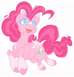 Size: 961x992 | Tagged: safe, artist:zer0wlet, derpibooru import, pinkie pie, earth pony, pony, alternate design, blue eyes, butt freckles, curly mane, curly tail, ears up, eyebrows, eyebrows visible through hair, eyelashes, female, freckles, happy, image, jpeg, jumping, looking up, mare, multicolored freckles, open mouth, pink coat, pink mane, raised eyebrows, simple background, smiling, solo, spots, tail, teeth, twitterina design, unshorn fetlocks, white background