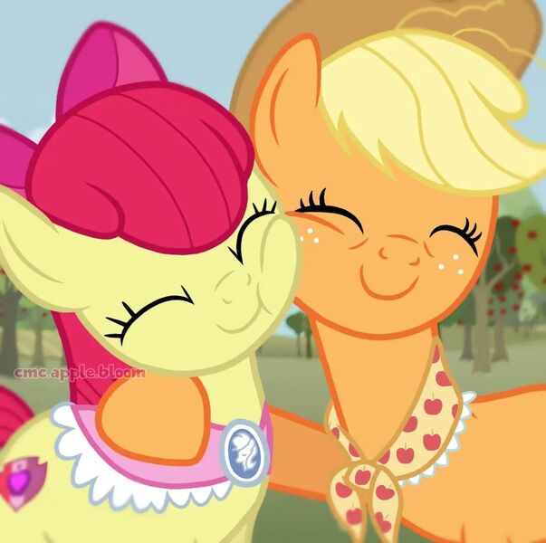 Size: 1080x1075 | Tagged: safe, derpibooru import, apple bloom, applejack, earth pony, pony, duo, female, hug, image, jpeg, older, older apple bloom, older applejack, siblings, sisters