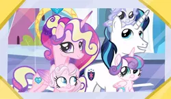 Size: 640x370 | Tagged: safe, artist:heart.of.empire, derpibooru import, princess cadance, princess flurry heart, shining armor, oc, oc:aphrodite, unnamed oc, alicorn, pegasus, pony, unicorn, baby, baby pony, brother and sister, colored wings, crown, family photo, father and child, father and daughter, father and son, female, gradient wings, horn, image, jewelry, jpeg, male, mother and child, mother and daughter, mother and son, offspring, parent:princess cadance, parent:shining armor, parents:shiningcadance, pegasus oc, photo, regalia, show accurate, siblings, sisters, unicorn oc, wings