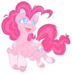 Size: 961x992 | Tagged: safe, artist:zer0wlet, derpibooru import, pinkie pie, earth pony, pony, alternate design, blue eyes, butt freckles, curly mane, curly tail, ears up, eyebrows, eyebrows visible through hair, eyelashes, female, freckles, happy, image, jumping, looking up, mare, multicolored freckles, open mouth, pink coat, pink mane, png, raised eyebrows, signature, simple background, smiling, solo, spots, tail, teeth, transparent background, twitterina design, unshorn fetlocks