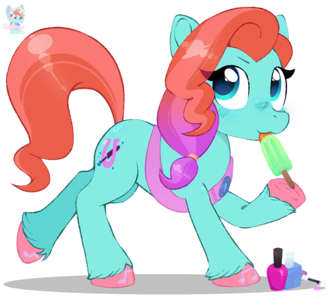 Size: 1445x1328 | Tagged: safe, artist:rainbow eevee, derpibooru import, earth pony, g5, cute, female, food, hoof hold, hoof polish, image, jazz hooves, nail polish, png, popsicle, simple background, solo, teal eyes, transparent background, vector