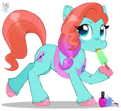 Size: 1445x1328 | Tagged: safe, artist:rainbow eevee, derpibooru import, earth pony, g5, cute, female, food, hoof hold, hoof polish, image, jazz hooves, nail polish, png, popsicle, simple background, solo, teal eyes, transparent background, vector